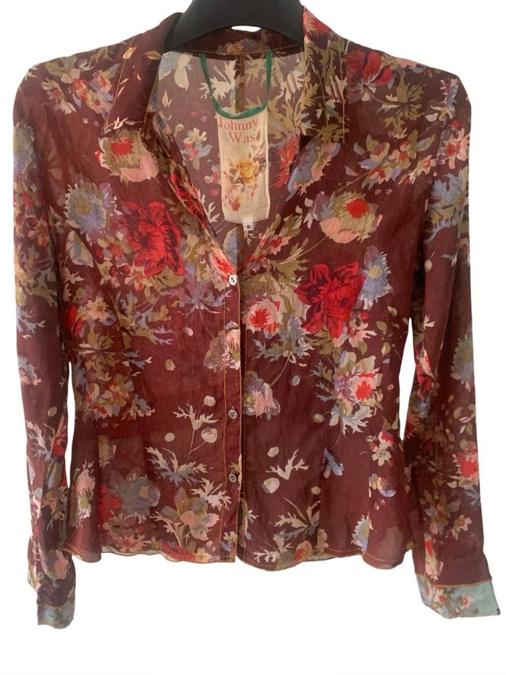 Johnny Was Floral Sheer Layered Button Front Blouse Boho Size S Like New - Picture 5 of 12